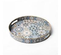 Heaven4you Round or Rectangular Mosaic Decorative, Dining or Serving Tray with Gold Rim, and Glossy Finish-Stylish Organizer or Food Tray for Coffee Table or Kitchen (Round Mosaic)
