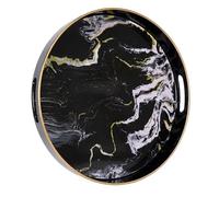 Heaven4you Round Serving Tray 33cm Black Marble Gold Trim Handles Circular | 33cm round, black marble effect with gold trim, cut-out handles. Wipe-clean, food-safe. Ottoman, coffee table, vanity