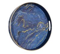 Heaven4you Round Serving Tray 33cm Blue Marble Gold Trim Handles Circular
