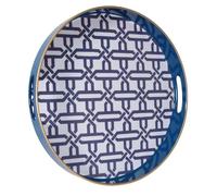 Heaven4you Round Serving Tray 33cm Navy Blue Geometric Gold Trim Handles