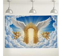 Heavenly Angelic Cloud Backdrop, Vintage Golden Arch Design, Dreamy Blue and White Background for Events, Perfect for Weddings and Spiritual Celebrations 71x43 Inch