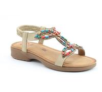Heavenly Feet Radiant Beaded T-Strap Sandals with Elastic Ankle Strap Cushioned Footbed Low Wedge (Camel, UK Footwear Size System, Adult, Women, Numeric, Medium, 7)