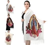 Heavenly Grace Shawl, Virgin Mary Soft Warm Pashmina Scarf Tassel Scarves, Guadalupe Virgin Mary (White)