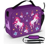 HeavenlyUnicorns Insulated Purple Unicorn Kids Lunch Bag for Girls Child with Bottle Holder, Carry Handle & Shoulder Strap, Kids Lunch Box Snack Box Tote Cooler Bag for School Picnic Outdoor or Work