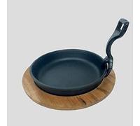 Heavy 7" Round Cast Iron Sizzler Platter with Acacia Wooden Base & Pan Grip Mixed Grill Meat Fish Tandoori Veg Fajita Sizzler Server Restaurant Household (17cm (7") Round Sizzler)