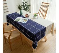 Heavy-Du Cotton-Linen Recular Tablecloth Washable & Dust-Resistant Dark Blue 140x220cm Perfect for Kitchen Dining Room and Country Home Decor with Tassels