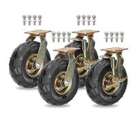 Heavy Du Pneumatic Caster Wheels Set of 4 - Swivel Rubber Replacement with Top Plate & Brake for Silent Shock Absorpt & Enhanced li