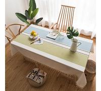 Heavy-Du Washable Cotton-Linen Tablecloth 140x220cm Dust-Resistant with Tassels Ideal for Kitchen Dining Room and Rustic Home Decor in Blue and Green.