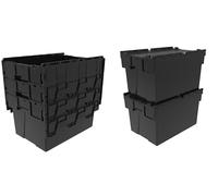 Heavy Duty 100% Recycled Plastic 65 Litre Attached Lidded Container Storage Box Totes (60 x 40 x 36cm) Black - Pack of 5