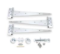 Heavy Duty 18" (510mm) Tee Hinges (3) with Plain Ring Gate Latch and Brenton Bolt Pack in Galvanized Finish - Ideal for Wooden Garden Gate Fitting Kit for Barn, Shed Doors