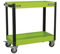 Heavy Duty 2 Level Workshop Trolley With Locking Castors - 80Kg Capacity Per Shelf - Green