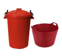 Heavy-Duty 2-Piece Storage Set - 50L Clip-Lock Lid Bin & 75L Flexible Carry Tub with Handles - For Outdoor Storage, DIY Projects & Recycling (RED)