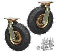 Heavy-Duty 200mm/250mm Swivel Rubber Pneumatic Casters with Brake - 2 Pieces, Double Bearing Tool Cart Wheels for Tool Trolleys and Hand Trucks