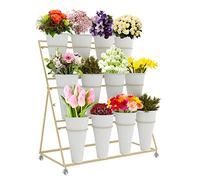 Heavy Duty 3-Tier Plant Cart with Wheels - Durable Wrought Iron Flower Display Stand for Garden, Patio, Living Room & Outdoor Events - Versatile Floral Shelf & Planter Organizer