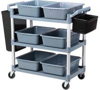 Heavy Duty 3-Tier Utility Cart with Wheels - Commercial Grade Storage Trolley with Wash Basin for Restaurants Hotels Kitchens & Schools - Plastic Dish Cart (Grey 40x20x38)