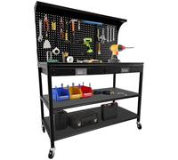 Heavy Duty 48" x 22" Rolling Garage Workbench, 3-Tier Metal Tool Storage, 2 Drawers, Pegboard, Wooden Top, 35 Hooks, Open Shelves, Mobile Multifunctional Work Table for Garage Workshop, Office