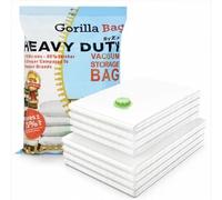 HEAVY DUTY 6 VACUUM STORAGE BAGS by Gorilla Bags. 2 Large (100x80cm), 2 Medium (60x80cm), 2 Small (60x80cm). Double Zip Seal & Unique Turbo Valve Keeps Items Compressed For Longer