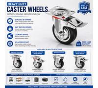 H&S 4 Castor Wheels Heavy Duty 75mm Rubber Swivel Trolley Furniture Caster with Brakes Black