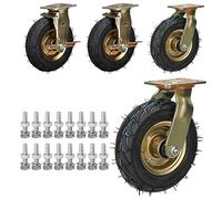 Heavy Duty 8Inch & 10Inch Pneumatic Rubber Caster Wheel Set of 4 Industrial Swivel Casters with Double Ball Bearings & Side Brakes 770Lbs Load Capacity Silent Movement