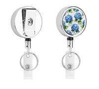 Heavy Duty Blue Hydrangea Pattern Badge Reel with 360° Swivel Alligator Clip & 24" Retractable Nylon Cord Lightweight Name Badge Holder for Nurse Teacher Office Worker Id Card Decor
