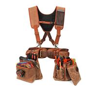 Heavy Duty Canvas Carpenter Tool Belt with Suspenders & 12 Pockets, Detachable Tool Pouch Set for Framers Construction Electricians, Padded Rig, Brown, Fits 39-46" Waist
