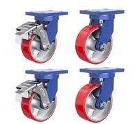 Heavy Duty Casters 4 Pack with Brake 150mm (6in) PU Wheels 4500Kg Load Capacity Industrial Swivel and Fixed Casters for Transport Workbench Perfect for Heavy Equipment.