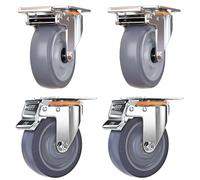 Heavy Duty Castor Wheels With Brakes, Noiseless Swivel Trolley Wheels, Durable Rubbered Castors, For Furniture, Dolly, Workbench, Pack Of 4(125mm(5"))