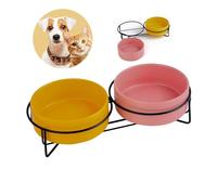 Heavy Duty Ceramic Dog Bowl Set - 850ml Double Raised Dog Bowls with Metal Stand, Anti-Tip Design for Medium/Large Dogs, Food & Water Dishes | High-Capacity (Pink+Yellow)