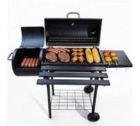 Heavy Duty Charcoal BBQ Grill with Offset Smoker, 2-in-1 Large Portable Drum Barbecue Smoker for Outdoor Garden, Patio Camping Parties, Black Steel Smoker Grill with Wheels