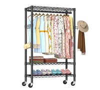 Heavy Duty Clothes Rack Rolling Garment Rack,3 Tier Adjustable Wire Shelving Clothing Racks for Hanging Clothes with Hanger Rod&Side Hooks,Freestanding Wardrobe Storage Rack Metal Portable Closet