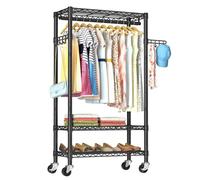 Heavy Duty Clothes Rack Rolling Garment Rack,3 Tier Adjustable Wire Shelving Clothing Racks for Hanging Clothes with Hanger Rod&Side Hooks,Freestanding Wardrobe Storage Rack Metal Portable Closet