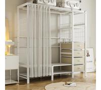 Heavy Duty Clothes Rack Wardrobe with Curtain Large Walk in Closet System for Bedroom 4 Shelves & 6 Drawers White 168x50x170cm