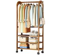 Heavy Duty Clothes Rack with 3Tier Storage Shelves Wooden Garment Rail 90x28x172cm Mobile with 4 Wheels Perfect for Bedrooms Laundries Showrooms Organize Clothes Efficiently!