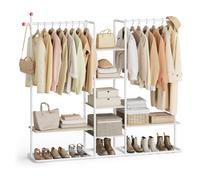 Heavy-Duty Clothes Rack with Shoe Shelf and Multiple Hanging Options, Natural Beige + Matte White
