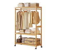 Heavy Duty Clothes Rail, Bamboo Clothes Rail, Open Entrance Wardrobe on 4 Wheels, Rolling Garment Rack with 3-tier Storage Shelves Back for Bedroom Clothes Storage