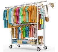 Heavy Duty Clothes Rail with Wheels, Extendable Clothes Rack with 3 Hanging Rails, 8 Coat Hooks, and Metal Storage Shelf, Portable Clothing Garment Rail for Bedroom, Holds Up to 160kg (White)