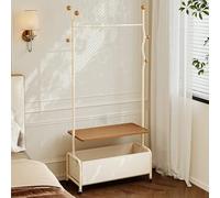 Heavy Duty Coat Rack with Double Open Storage and 6 Solid Wood Hooks, Mobile Three-in-one Clothes Tree for Space-saving Home Organization