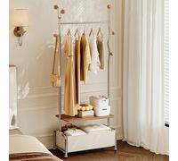 Heavy Duty Coat Rack with Double Open Storage and 6 Solid Wood Hooks, Mobile Three-in-one Clothes Tree for Space Saving