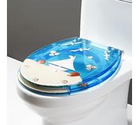 Heavy Duty Comfort Seahorse Seashells Oval Elongated Toilet Seat with Cover, Slow Close, Blue/Natural