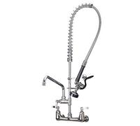 Heavy Duty Commercial Kitchen Wall-Mount Tap POUGEO Pre-Rinse Double Handles Sink Faucet with 12" Add-on Swivel Spout and Pull Down Spray Head,Brass Constructed Polished Chrome
