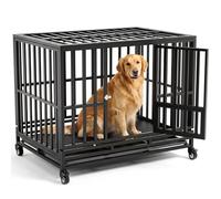 Heavy Duty Dog Crate, 42 inch Extra Large Dog Kennels and Crates with Wheels, 4 Prevent Escape Lock and Removable Tray, Metal Dog Cage Tear Resistant Square Tube XL (107x77x94cm)