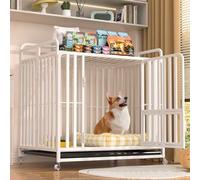 Heavy Duty Dog Crate, Escape Proof Dog Kennel Indoor Large Crate with Lockable Wheels,Removable Tray, Folding Dog Kennel Indoor for Large Dogs(White,37.4 * 25.5 * 30.3in)