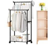 Heavy Duty Double Rolling Garment Rack with Wheels - Space Saving Metal Clothes Hanger for Laundry Room & Storage Solutions, Perfect for Organizing and Decluttering