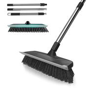 Heavy Duty Floor Scrub Brush with Long Handle, Adjustable Stainless Steel Handle, Stiff Bristles & Rubber Squeegee Scraper, Concrete Floor Scrubber for Cleaning Floor Concrete Deck Hardwood Patio Tile