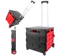 Heavy Duty Foldable Shopping Trolley, 35L Portable Plastic Trolley Cart with Telescopic Handle, 2 Wheels and Lid, Collapsible Utility Trolley Box for Shopping, Storage, Travel, 42.5 x 37 x 45 cm