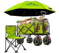 Heavy Duty Folding Festival Trolley - 300L Extra-Large - Includes Chair & Oversized Umbrella Collapsible Wagon with All-Terrain Wide Wheels, Adjustable Handle & 100KG Capacity (Light Green)