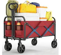 Heavy Duty Folding Wagon Cart 220L Capacity 380LBS Load, Collapsible Utility Wagon with All Terrain 5 Inch Wheels, Portable Garden Beach Camping Shopping Trolley (Red)