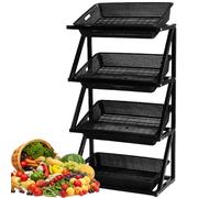 Heavy Duty Fruit Vegetable Rack, 4 Tier Grocery Shelf With Rattan Baskets, Steel Market Display Stand for Supermarket Store Kitchen Organizing