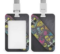 Heavy Duty Graffiti Skateboard Badge Holder Waterproof Vertical Id Card Holder with Breakaway Lanyard Clear Window Name Tag Holders Gift for Nurse Doctor Teacher Office Women Men