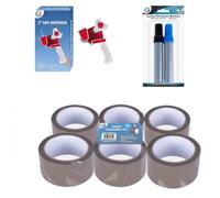 Heavy-Duty Gun Tape Dispenser + 6 Rolls of 66M Brown Packing Tape + 2 Jumbo Chisel Tip Permanent Markers - All-in-One Packaging & Labeling Solution - for Office & Home Use